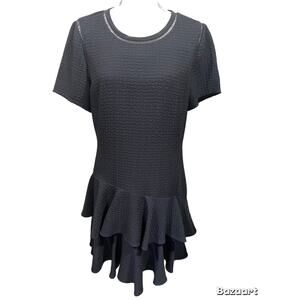 Rebecca Taylor Dress Size 12 Navy Blue Short Sleeve Zip Up Back Lined Ruffled